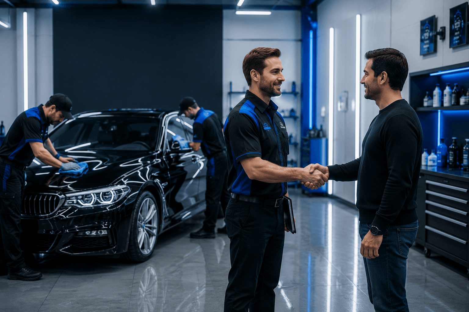 Technicians shaking hands in front of black luxury sedan